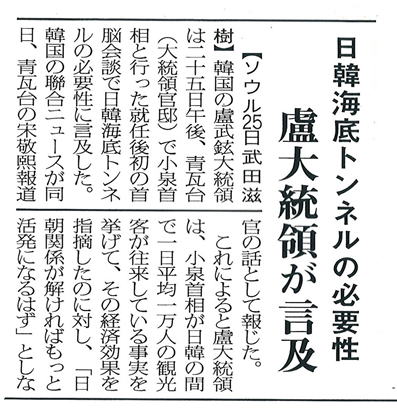 新聞記事　日韓トンネルが必要